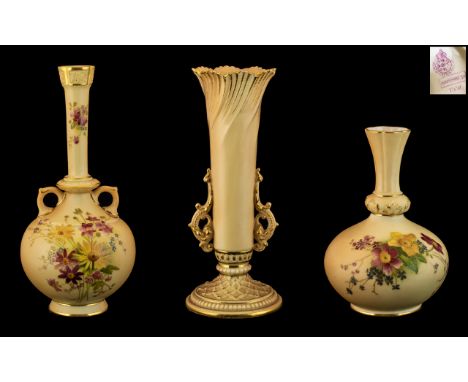 Royal Worcester Fine Trio of Hand Painted Blush Ivory Vases ( 3 ) Various Shapes and Sizes, All with Painted Images of Summer