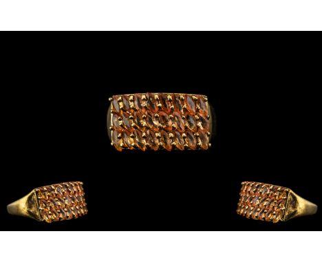 Ladies 9ct Gold - Attractive Multi-Stone Set Dress Ring, Set with 24 Marquoise Shaped Pale Orange Stones. Ring Size N. Shank 