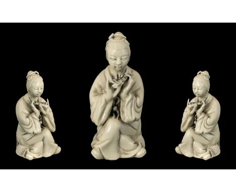 Chinese Blanc - De - Chine Figure of Person Playing the Flute, Antique Porcelain Figure, Very Fine Work and Superb Detail, Ha