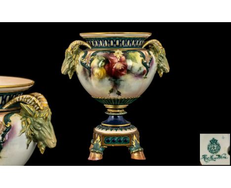 Royal Worcester - Pleasing James Hadley Superb Hand Painted Rams Head Handles Urn Shaped Vase. Supported on 4 Feet In The For