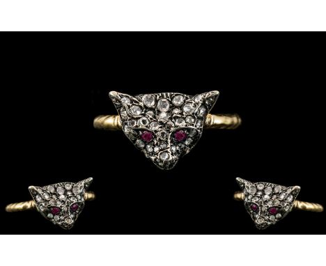 Georgian - Novelty 18ct Gold Foxes Head Ring ( Set with Diamonds and Rubies ) From the Georgian Period. Not Marked but Tests 