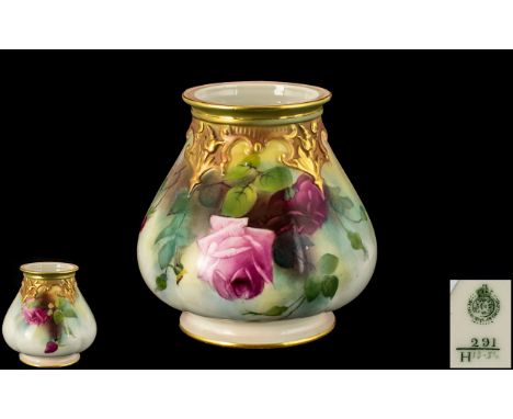 Royal Worcester Hand Painted Vase ' Roses ' Stillife. Date 1911 &amp; Shape No 291. Height 4.5 Inches - 11.25 cms. Condition 