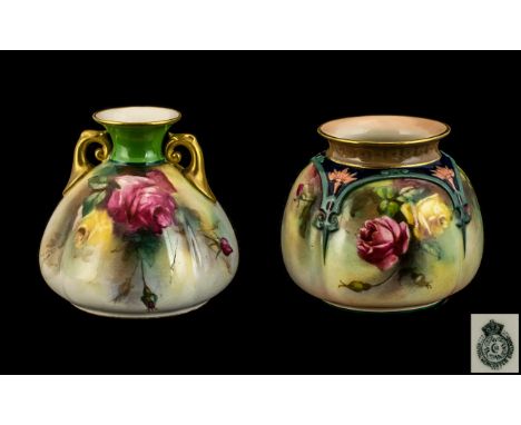 Royal Worcester Hadley's Hand Painted Pair of ' Roses ' Small Vases ( 2 ) Both Vases with Painted Roses Stillifes. Dates 1907