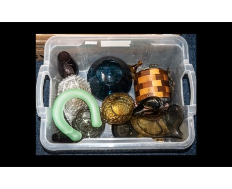 Three Boxes of Assorted China, Glass &amp; Metal, comprising: two decorative glass decanters, a wooden mantle clock, two pewt