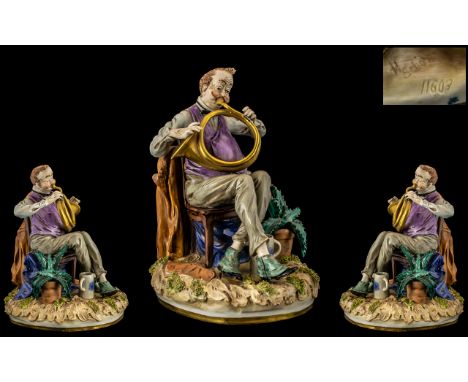 Capodimonte Signed and Early Hand Painted Early Musical Porcelain Figure - Excentric Male Figure ' Playing a French Horse ' S