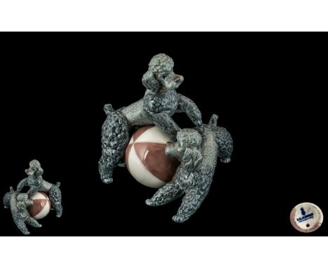 Lladro - Hand Painted Porcelain Dog Figures / Sculpture ' Playing Dogs ' Poodles. Model 1258. Issued 1974 - 1981. Height 6 In