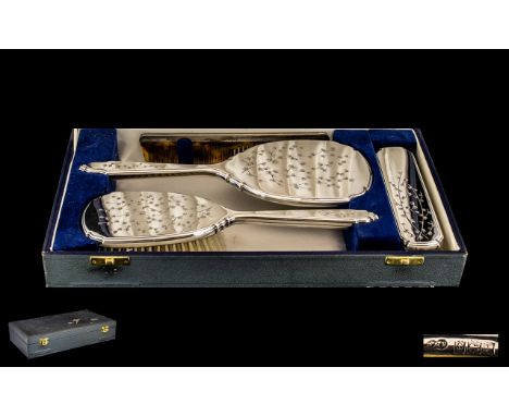 Elizabeth II Excellent Quality Ladies Sterling Silver ( 4 ) Piece Vanity Set, with Original Presentation Case. Hallmark Birmi