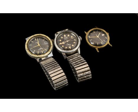 Three Gent's Wristwatches to include a Timex manual wind with date, a black faced divers watch marked Tressa 25 jewels automa