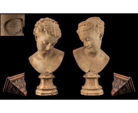 A Pair of Victorian Portrait Fired Clay Busts of Young Women Mounted on a pedestal base, with an impressed mark - 'C H Lawes 