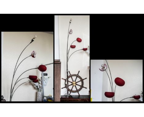 Contemporary Italian Style Designer Lamp, with five extended chrome arms with red glass shades, two shades broken, terminatin