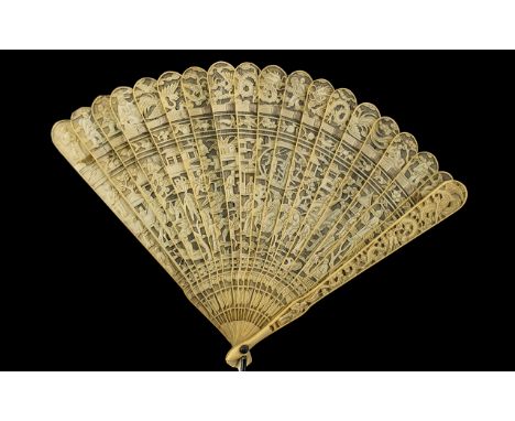 Chinese - Late 19th Century Superb Quality Ivory Fan, Depicting Chinese Figures, Symbols, Mythical Creatures, Dragons, Birds,