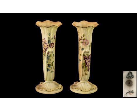 Royal Worcester Pair of Hand Painted Blush Ivory Specimen Bud Vases, Decorated with Painted Images of Spring Flowers To Colum