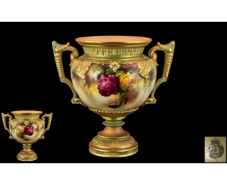 Royal Worcester - Excellent Hadley's Hand Painted and Impressive Twin Handle Urn Shaped Vase ' Roses ' Stillife, Yellow and R