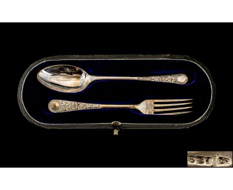 Edwardian Period Walker &amp; Hall Sterling Silver Christening Set, Consisting of Spoon and Fork. Complete with Presentation 