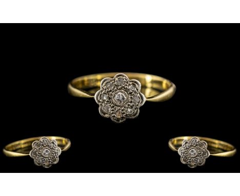 18ct Antique Diamond Ring. Diamond Ring of Flower head Setting. Marked 18ct. Size O. Diamonds of Good Colour and Sparkle. Ple