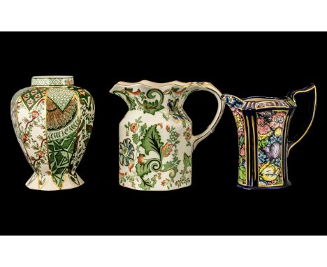 Three Pieces of Mason Ware, comprising a Mason's 'Palladian' decorated jug 6" tall in cream with leaf design and gold relief;