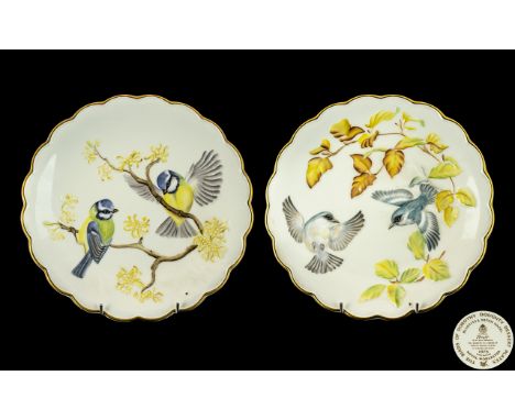 Royal Worcester Hand Painted Ltd Edition Pair of Dorothy Doughty ' Flowers and Birds ' Cabinet Plates. 1/ Blue tits and Witch