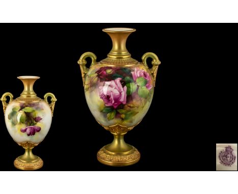 Royal Worcester Hand Painted and Impressive Twin Handle Globular Shaped Vase ' Roses ' Pink and Red Colour way Stillife. The 