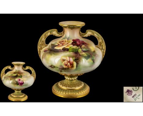 Royal Worcester Large and Impressive Hand Painted Twin Handle Vase ' Roses ' Stillife. Date 1902 &amp; Shape No 2032. Height 