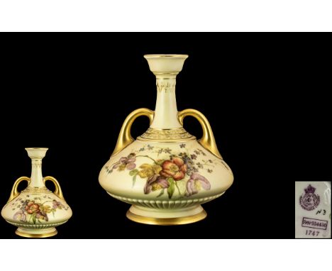 Royal Worcester - Hand Painted Twin Handle Blush Ivory Vase, Highlighted with Gold Handles and Base. The Body Decorated with 