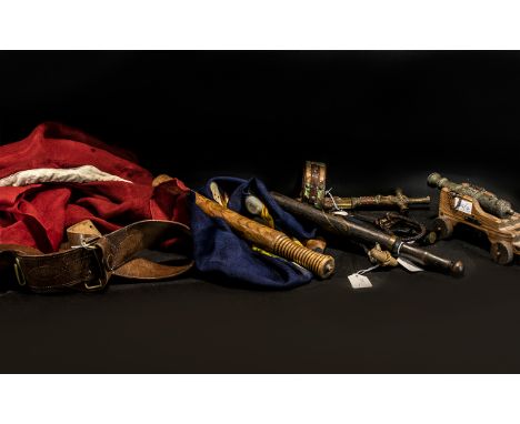 Misc Selection of Military Associated Items. Small Lead Canon on a Wood Carriage, North African Arm Sword, Sahara Dagger, Two