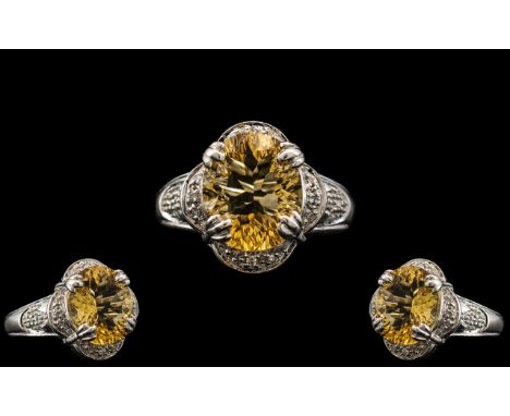 Ladies - 9ct White Gold Attractive Citrine and Diamond Set Dress Ring with Full Hallmark for 9.375. The Central Faceted Citri