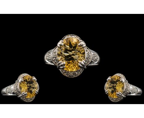 Ladies - 9ct White Gold Attractive Citrine and Diamond Set Dress Ring with Full Hallmark for 9.375. The Central Faceted Citri