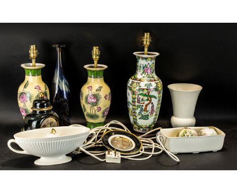 A Box of Assorted Pottery to include an Oriental style table lamp, two further lamps, White Poole troughs and vase etc