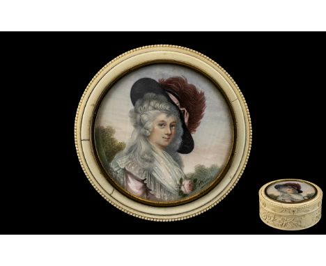 French - Early 19th Century Superb Quality - Signed Portrait Miniature on Ivory of A French Noble Lady. Signed to Bottom Righ