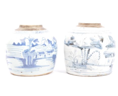 Two early 20th century ceramic pottery blue and white Chinese oriental Asian ginger jars vases. Of round form with hand paint