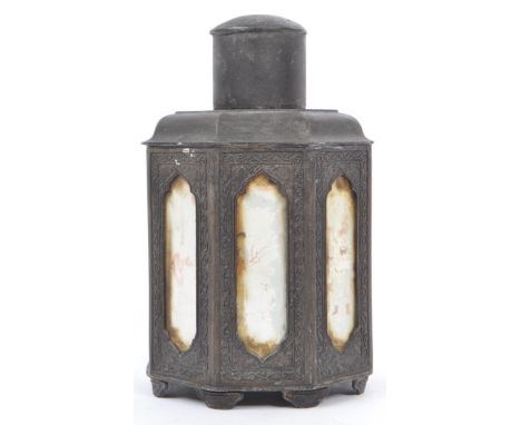 An early 20th century circa 1900 Chinese Shantou 'Kut Hing' pewter tea caddy of hexagonal form. The tea caddy having tooled p