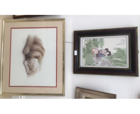 A framed Chinese painted tile; together with a dog print