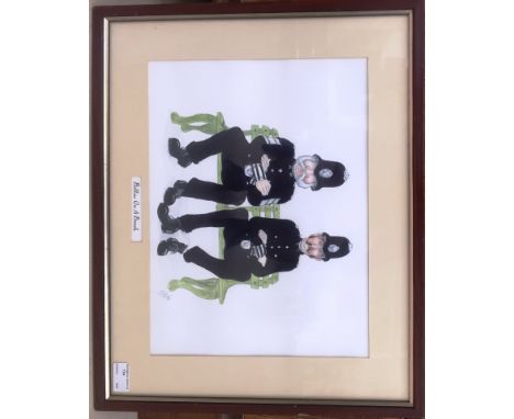 'Bobbies on a Bench', watercolour and ink illustration by Whit