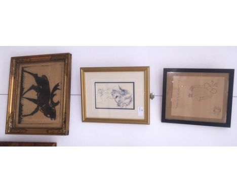 Three pictures to inc a woodcut depicting an elk, a figural ink illustration & portrait study of a figure sewing, variously i