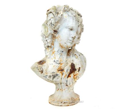 A Victorian cast iron portrait bust of a lady with vines in her hair, white painted and distressed, 60 x 34 x 26cm.