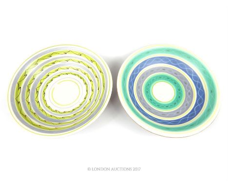 Two free-form, hand-painted, pottery bowls by Alfred Burgess Read for Poole Pottery, one in the 'ROC' pattern (grey and green