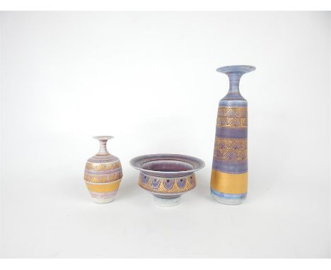 Three items of exquisite, hand-thrown, porcelain, studio pottery by potter Mary Rich (contemporary of David Leach), circa 198