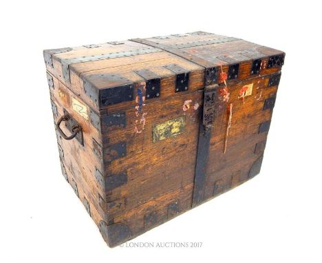 A 19th century oak silver chest owned by Lady Sophia Louisa Goldsmid (1819-1908) , with black painted metal binding and twin 