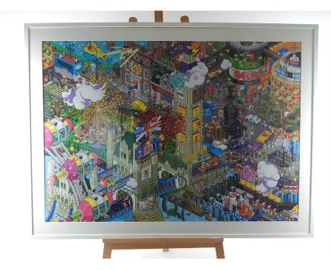 Eboy, large pixel print of London, sight size 84 x 118cm, in a contemporary white frame.