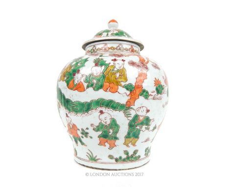 A large, Chinese, (Ming-style) lidded storage jar in the Famille Vert palette, the bulbous body decorated with playing and da