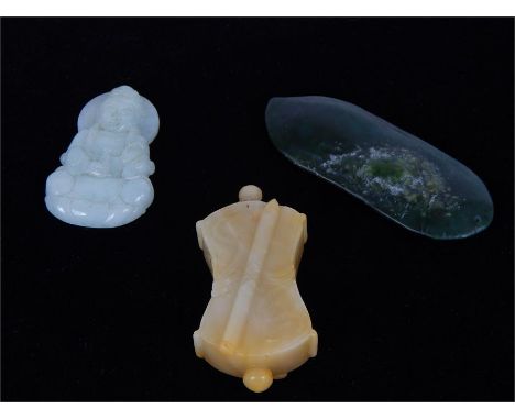 Three Chinese, carved jade items to include a spinach-jade pea pod pendant (Length: 7.2 cm), a pale jade, carved seated femal