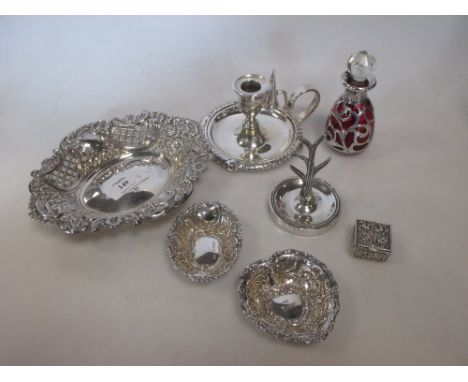 A small heart shaped pin tray, another pin tray, a silver dish and other silver and white metal to include a ring tree, pill 