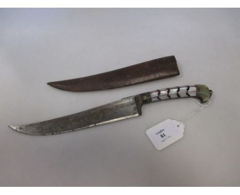 A Pathar dagger decorated with jade and mother of pearl, with a leather scabbard, see letter - Norwich museums  