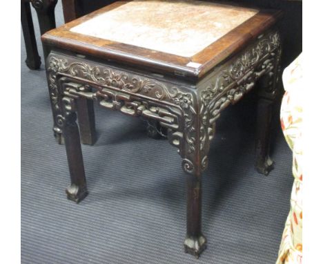 A Chinese hardwood and marble inset urn stand, 47 x 40 x 40cm  