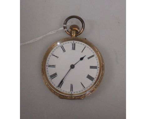 An 18 carat fob watch with white enamel dial, black Roman numerals and hands and with bright cut engraved case  