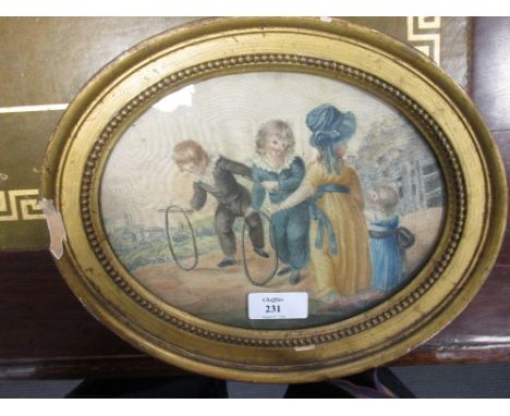 An 18th century watercolour of children playing hoops, oval, on fabric, framed, inscribed verso "painted by Mrs Genesal", 15 