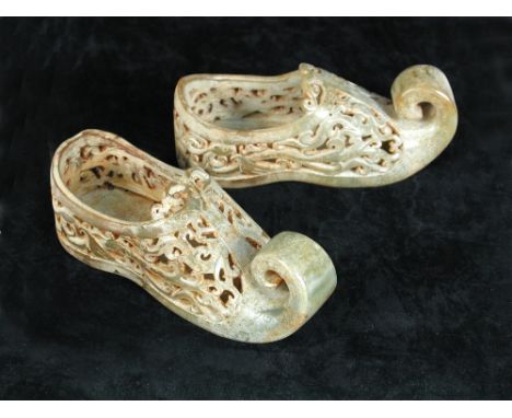 A pair of Chinese jade shoes, 13cm (5 in) wide (2)  