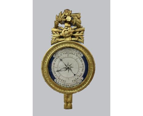 BAROMETERFrankreich um 1800 Aus der Zeit des französischen Empire. Holz geschnitzt und vergoldet. Gemaltes Ziffernblatt bez.: