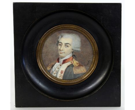 MINIATURENMALERum 1900 Portrait eines Offiziers des 18.Jh. Signiert: Mella. D.6,5cm, Holzrahmen 13,2x13,5cm