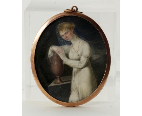 MINIATURENMALERFrankreich 1. Hälfte 19.Jh. Ovale Portrait einer Dame neben einer Amphorenvase mit dem Initialen R.C., darunte